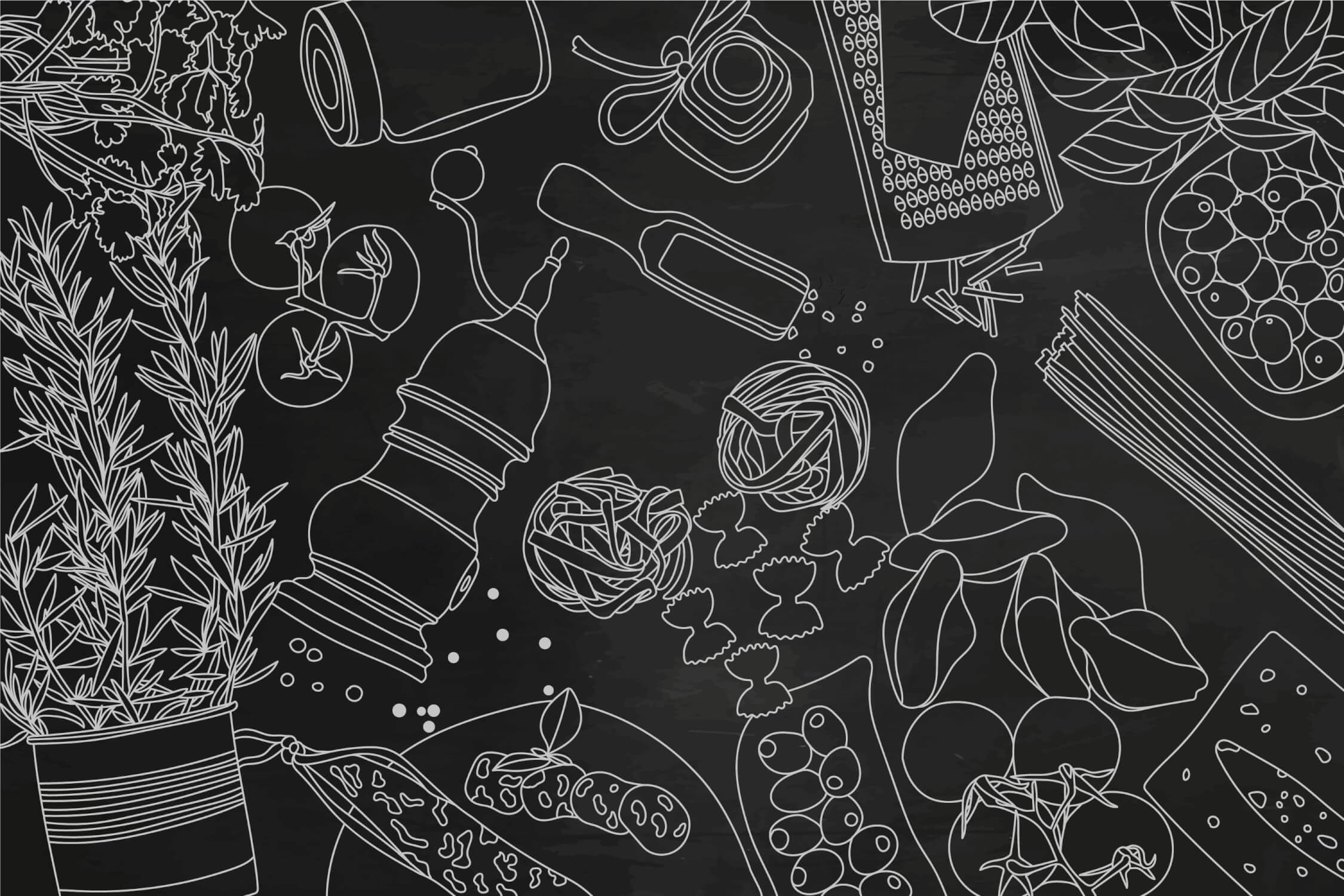 Design file showing detailed black and white line art kitchen pattern with flowing culinary motifs