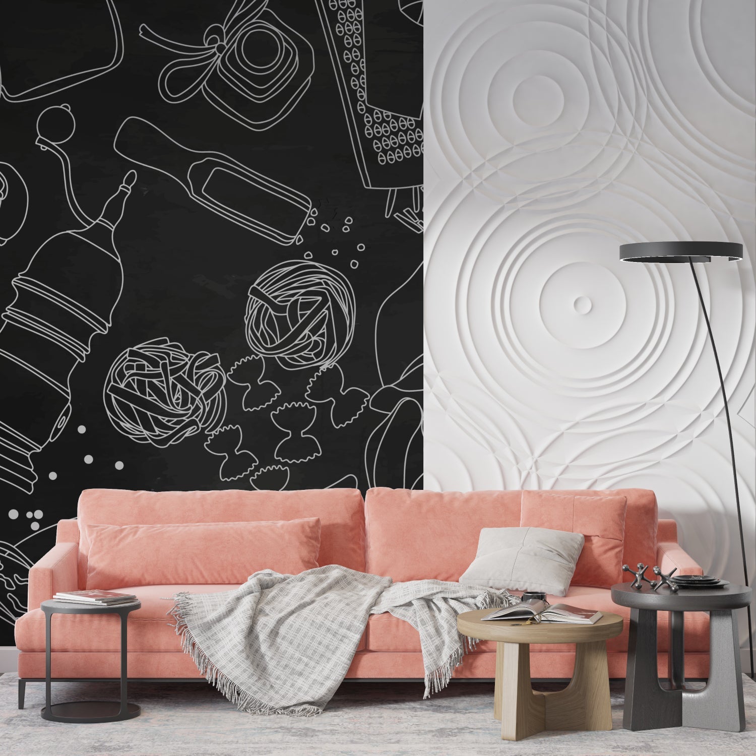 Black and white kitchen wallpaper adding style to modern dining area