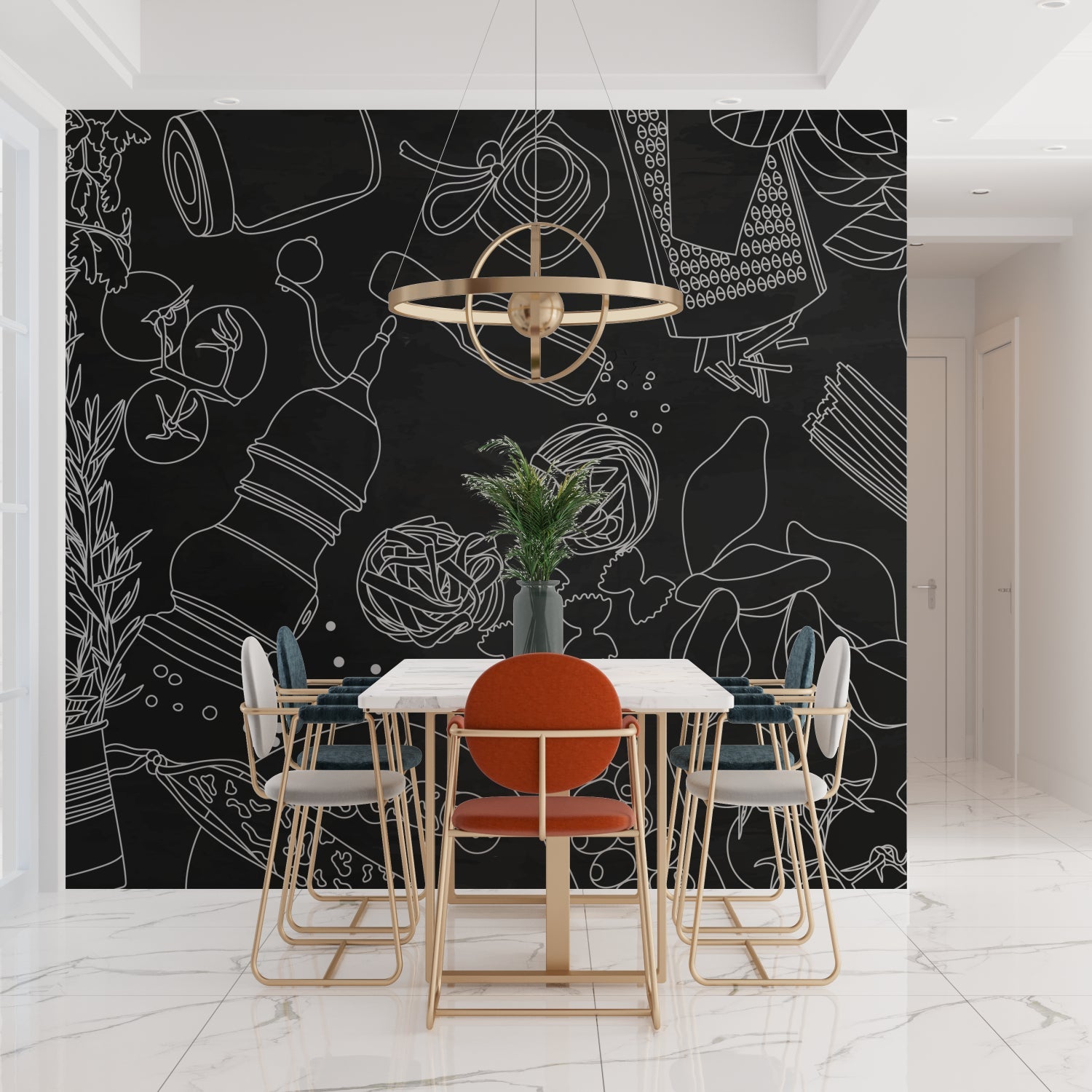 Minimalist kitchen line art wallpaper displayed in open-plan kitchen layout