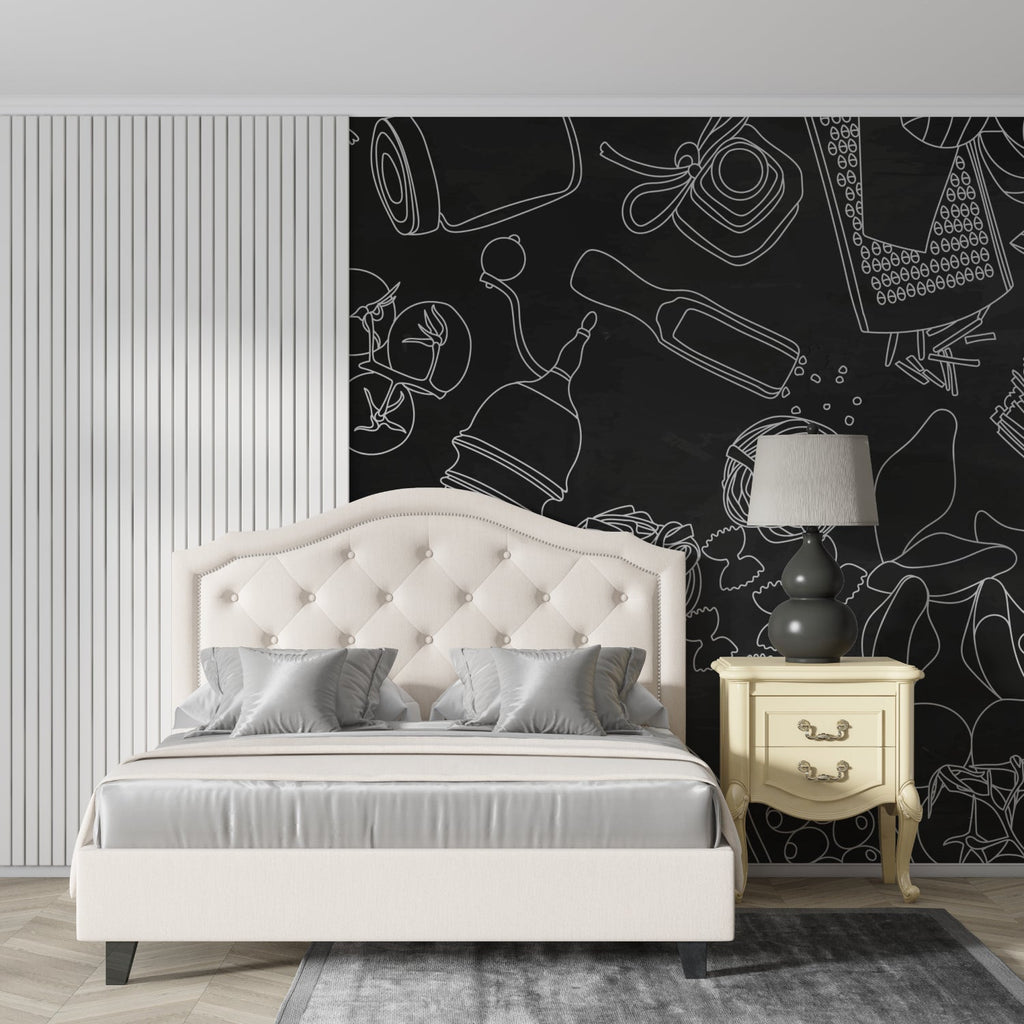 Contemporary kitchen mural design photographed in industrial-style cafe setting