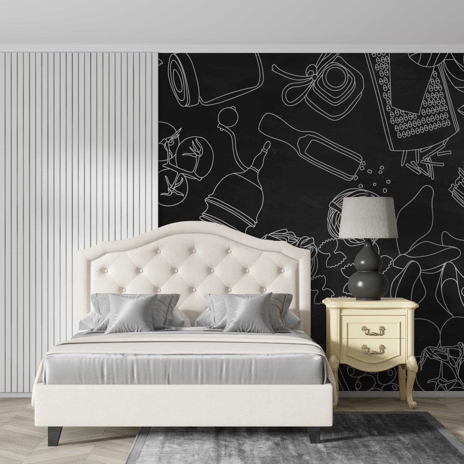 Contemporary kitchen mural design photographed in industrial-style cafe setting