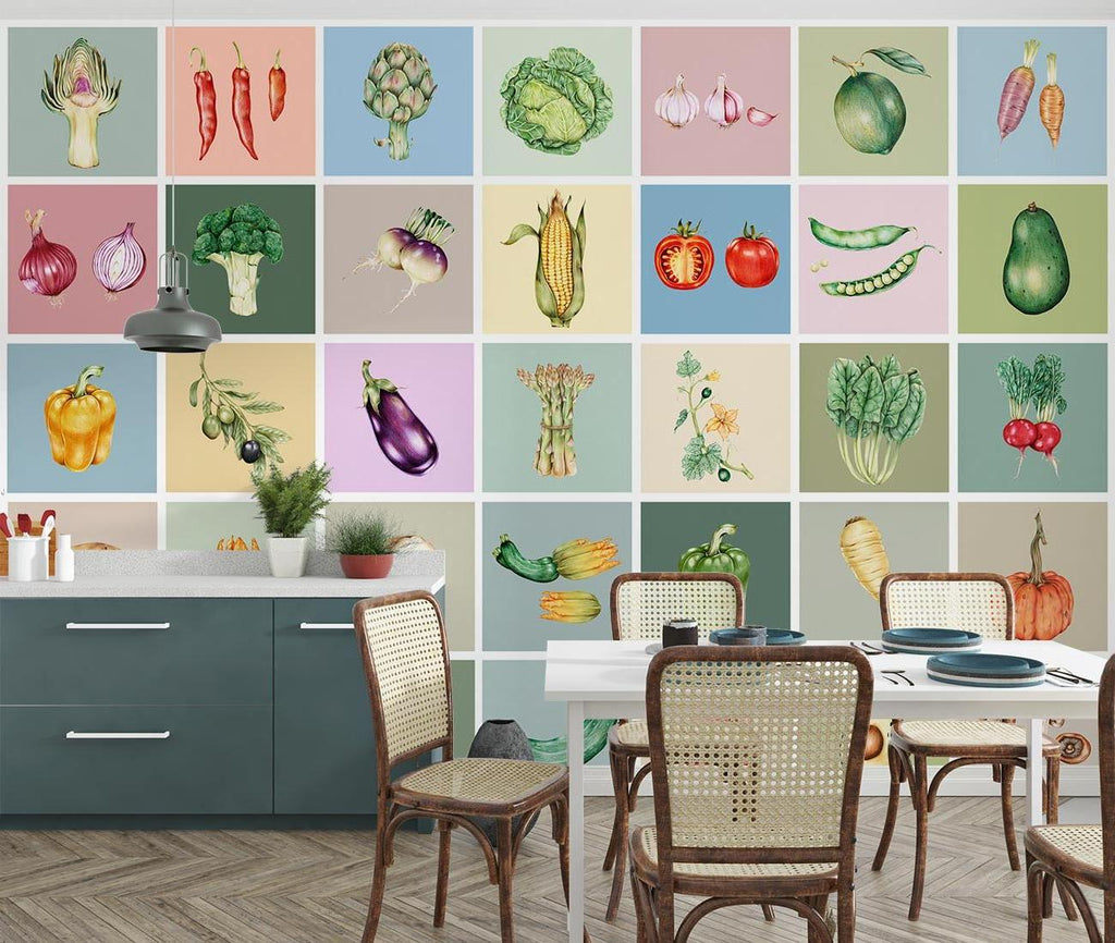 Kitchen wallpaper mural with botanical vegetables displayed in modern white kitchen with island counter