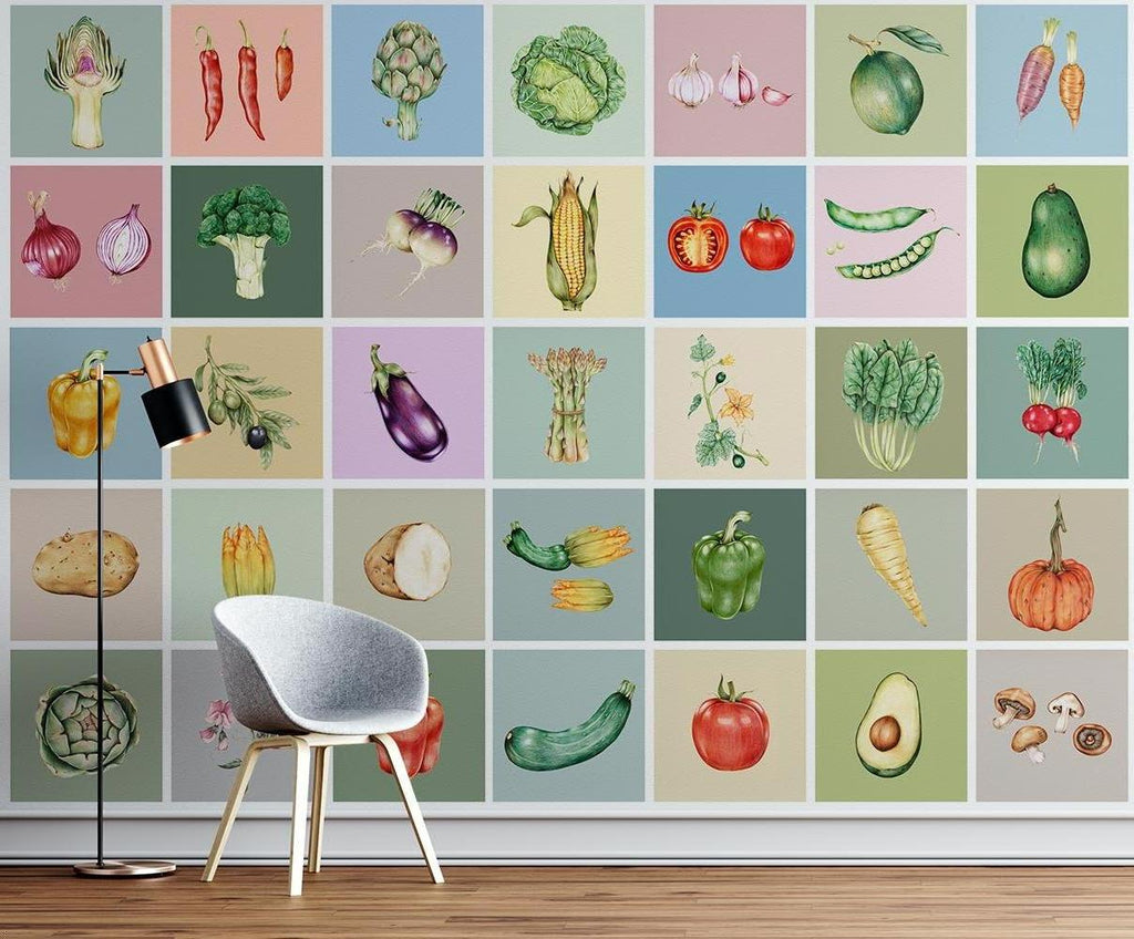 Botanical vegetable wallpaper creating warm atmosphere in cozy dining area with wooden table