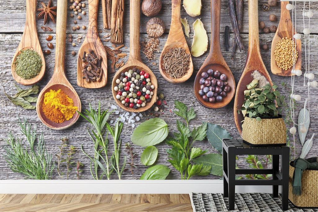 Kitchen Spice Wallpaper brightening a modern white kitchen with warm wooden accents and stainless steel appliances