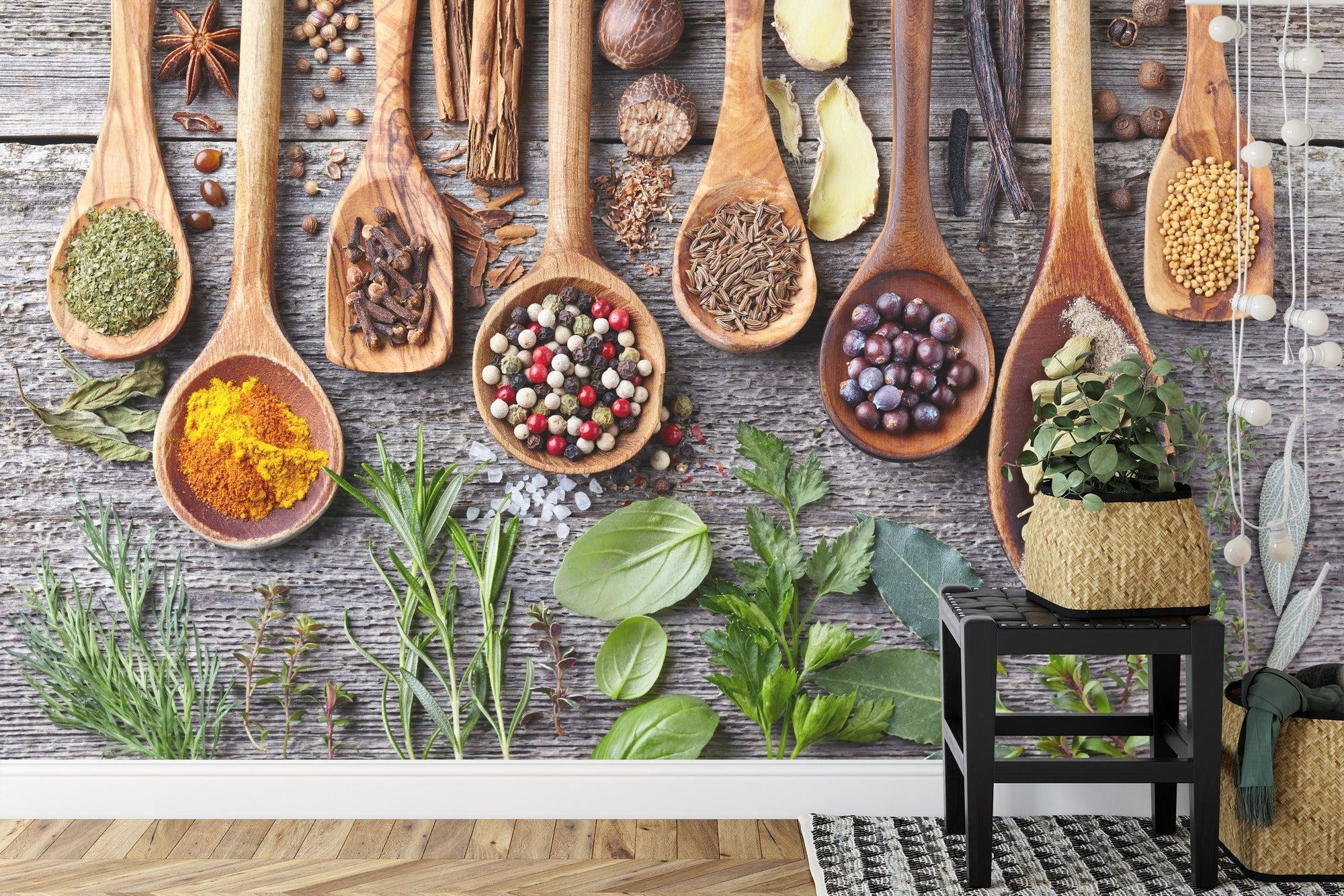 Kitchen Spice Wallpaper brightening a modern white kitchen with warm wooden accents and stainless steel appliances