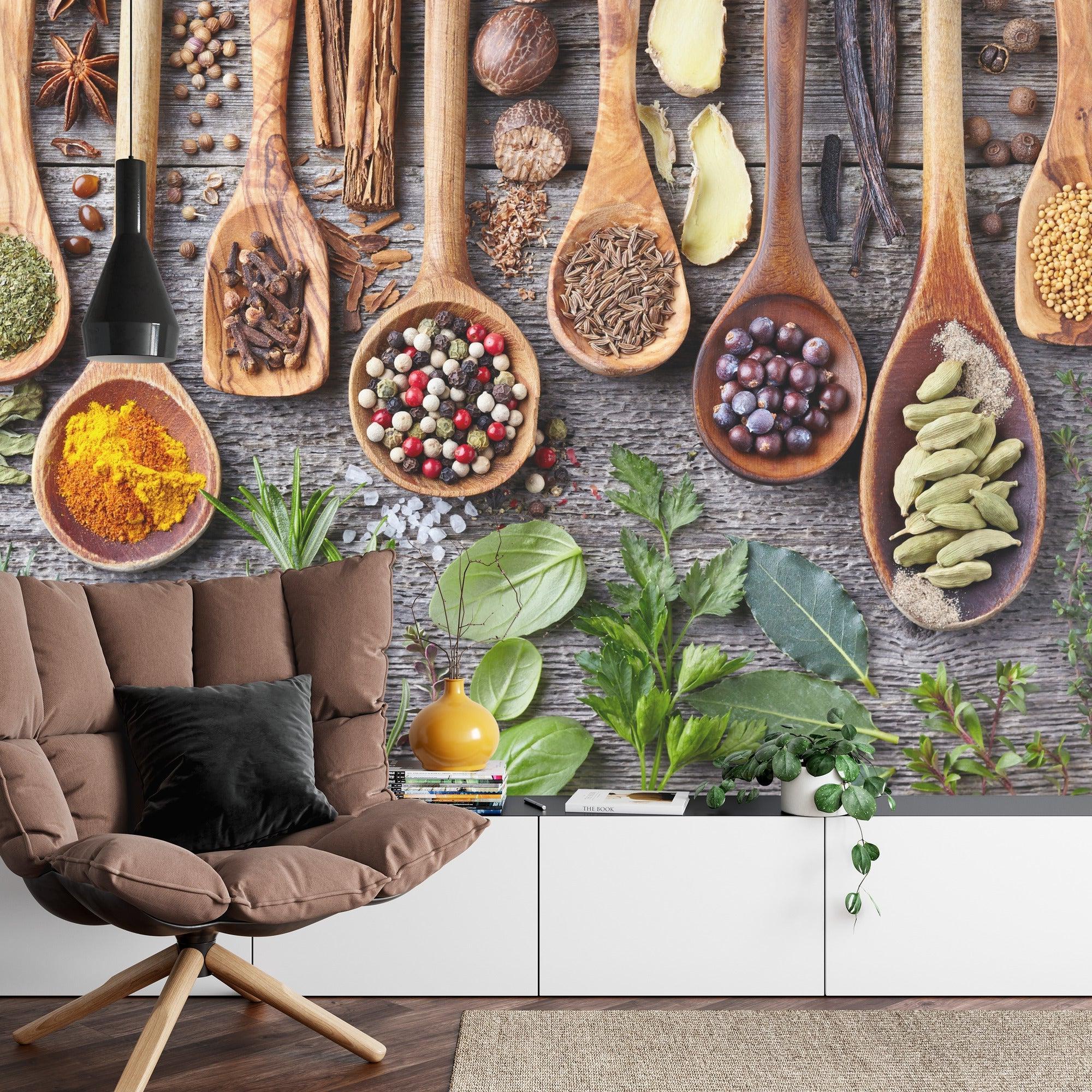 Culinary Wall Mural creating a cozy atmosphere in an open-plan dining area with natural lighting