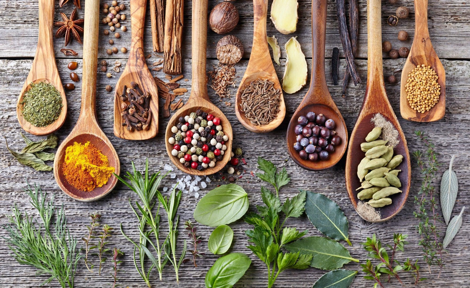 Kitchen Wallpaper design file showing detailed spices and herbs arrangement on weathered wood background