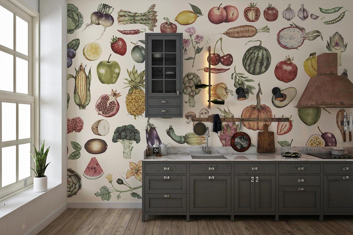 Botanical kitchen wallpaper bringing life to a modern white cooking space with vintage fruit and vegetable illustrations
