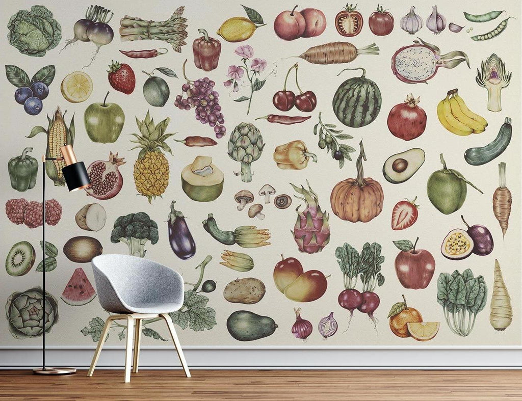 Vintage botanical wallpaper in a farmhouse dining area showcasing detailed fruits and vegetables artwork