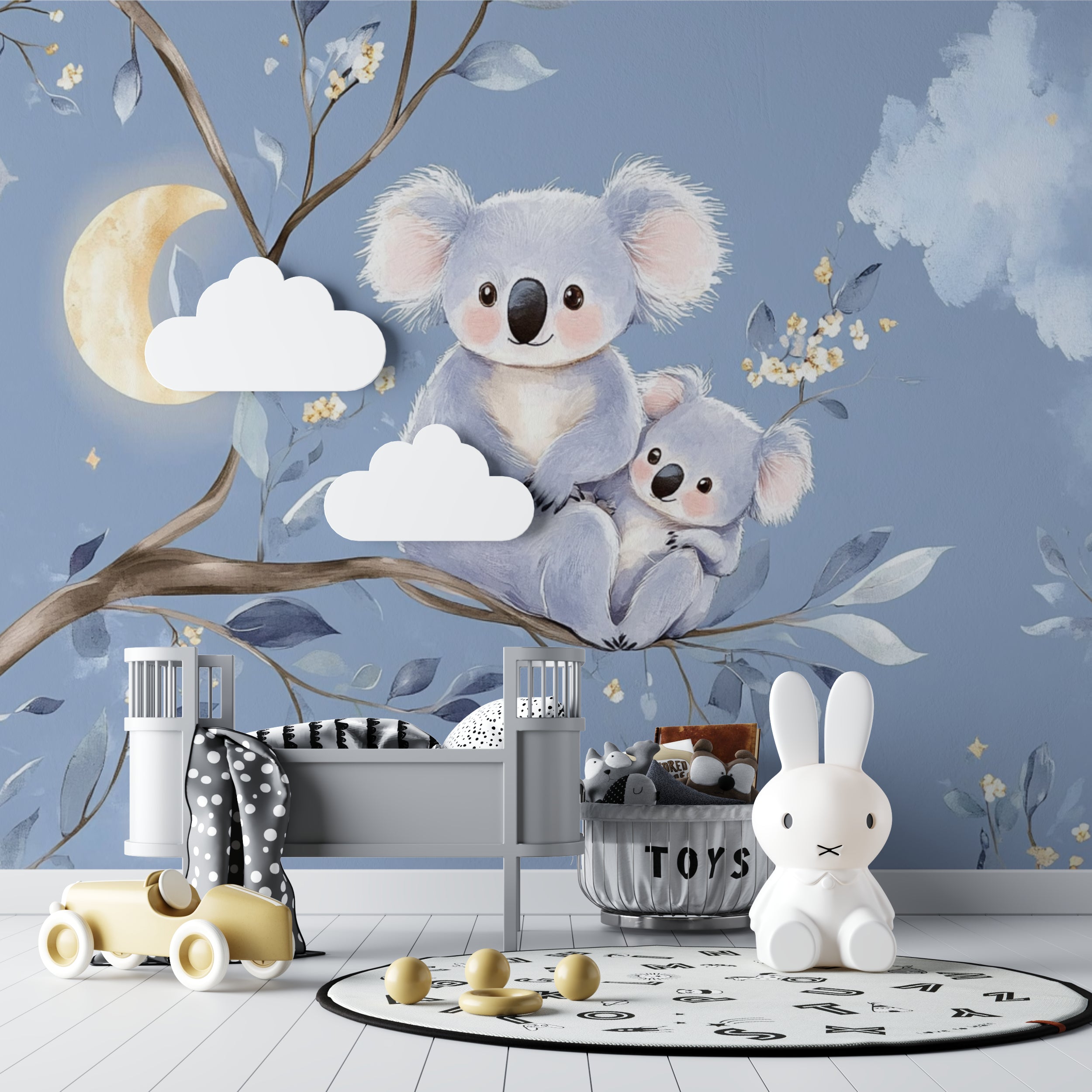 Dreamy koala mural enhancing a toddler's bedroom with gentle moonlight glow