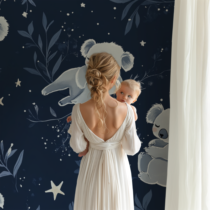 Koala wall mural in playroom showing scale and peaceful nighttime atmosphere