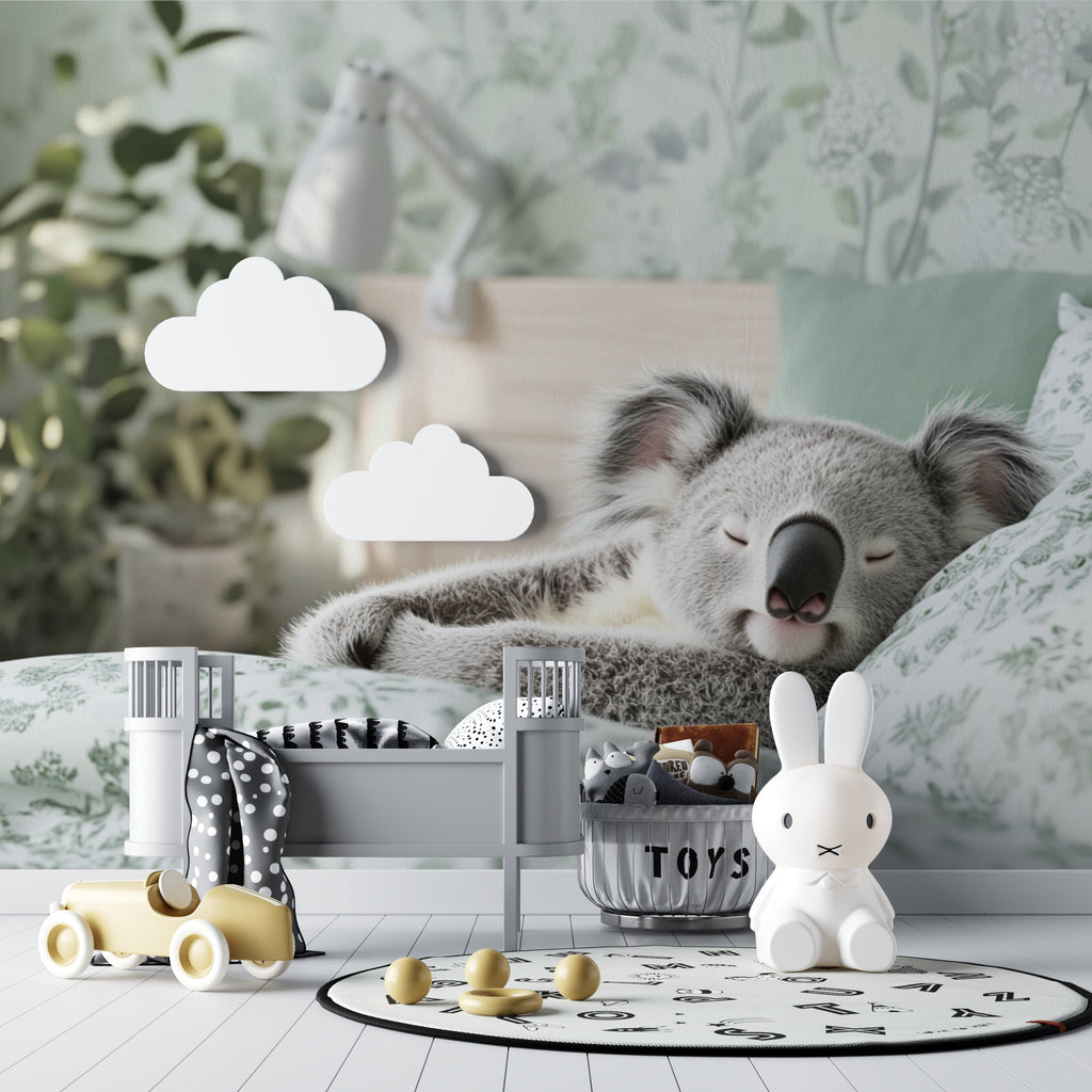 Botanical koala mural featured in a gender-neutral nursery with wooden accents