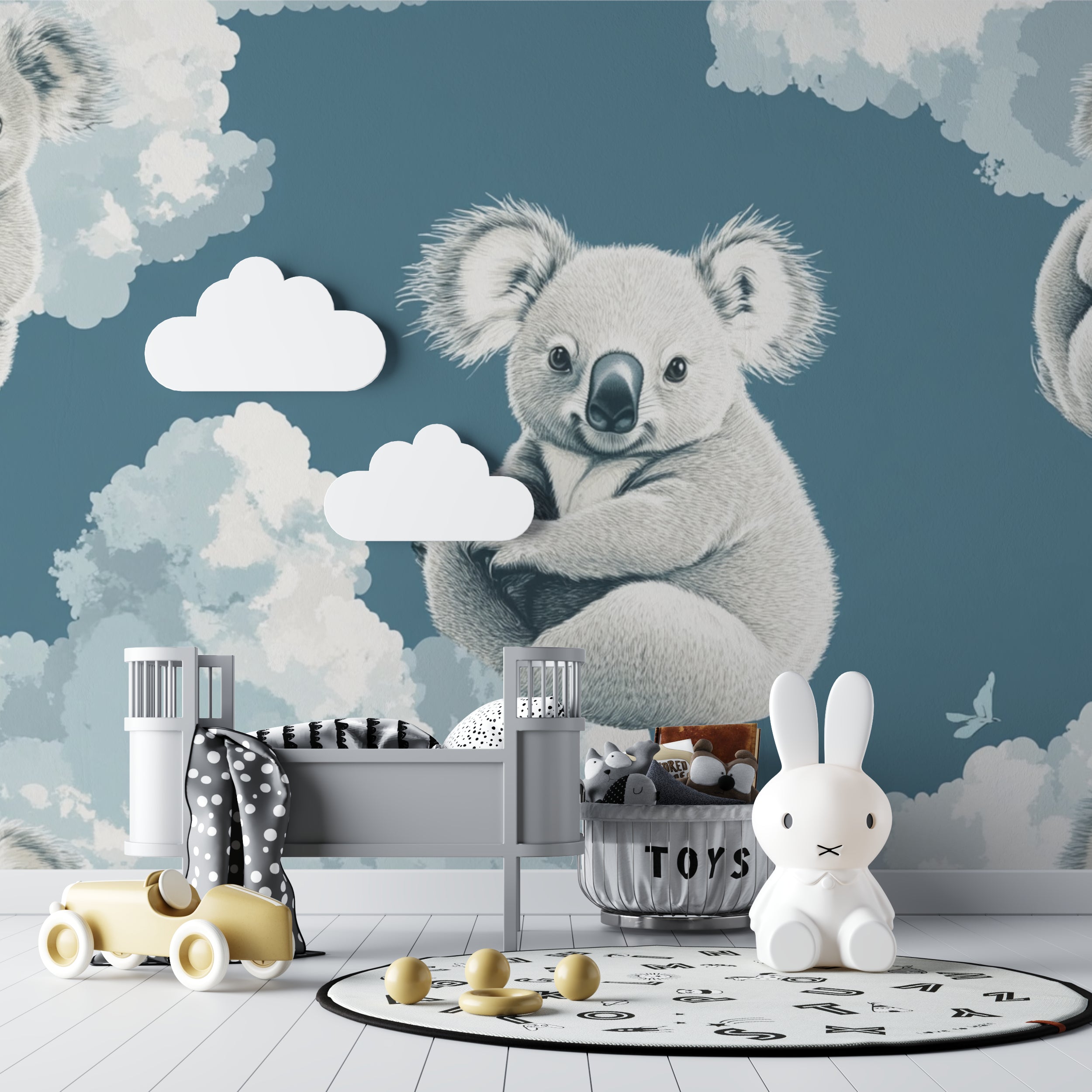 Kids bedroom featuring koala wall mural above a cozy reading nook