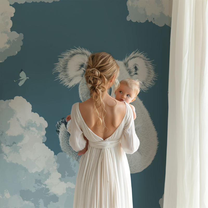 Baby room showcasing floating koalas and cloud pattern wall mural