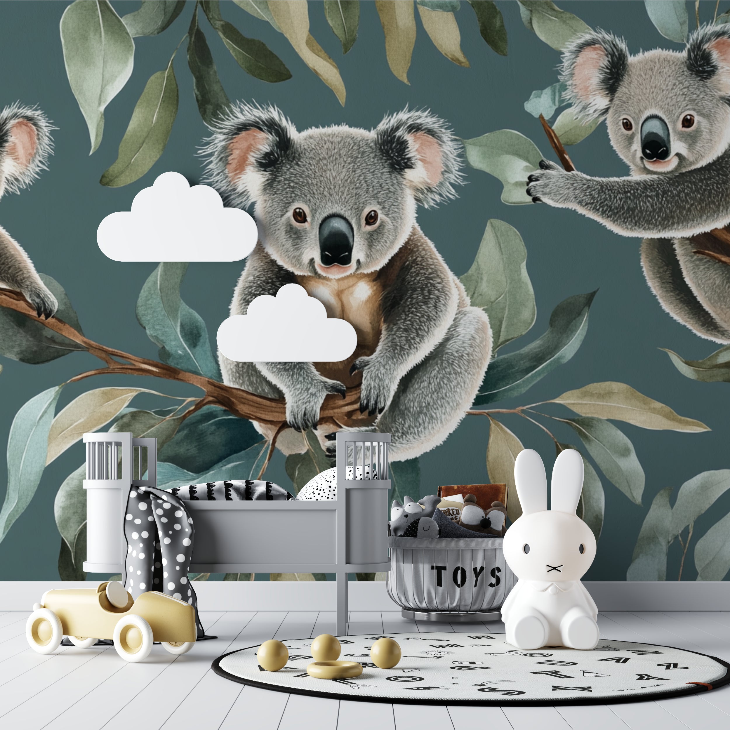 Australian wildlife mural in children's bedroom with reading nook