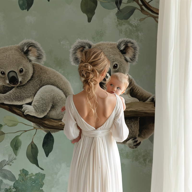 Koala wallpaper mural creating a peaceful atmosphere in a modern nursery with natural light