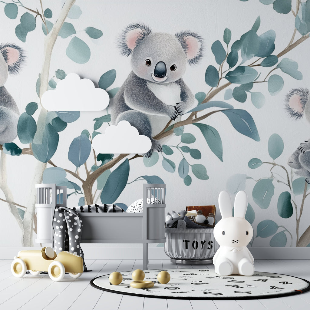 Eucalyptus and koala pattern making a cozy reading nook in a kid's bedroom