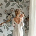 Koala wallpaper in bright nursery with white crib and gentle morning light