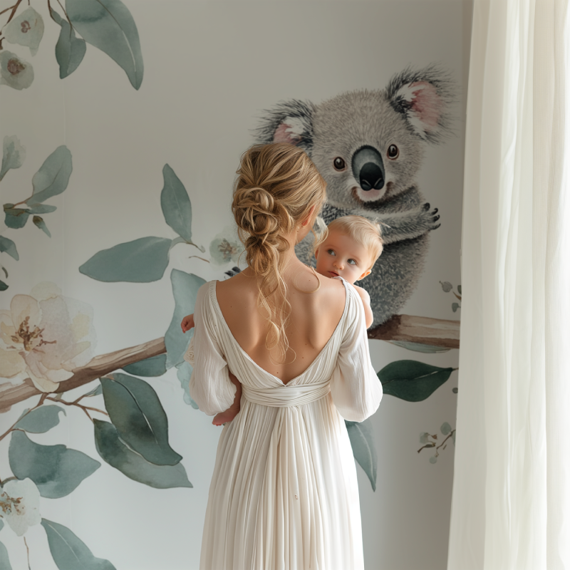 Australian koala wallpaper bringing nature into a child's reading nook with soft lighting