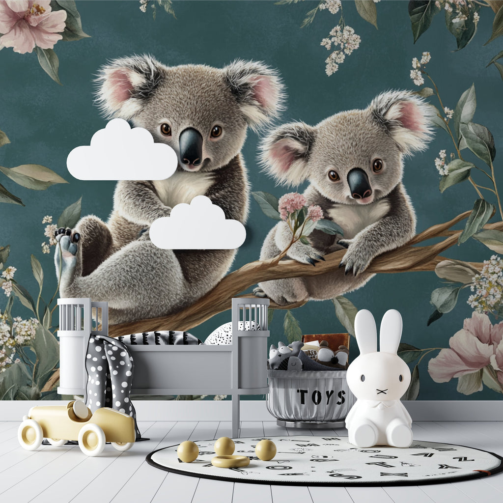 Koala wallpaper mural bringing charm to a modern nursery with soft teal walls and natural wood furniture