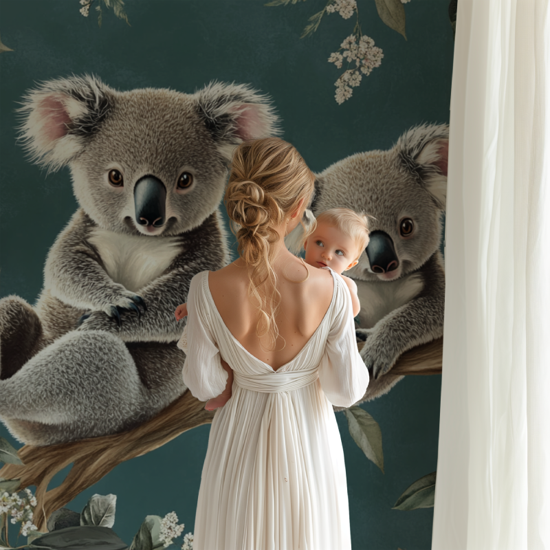 Koala nursery wallpaper transforming a white bedroom into a nature-inspired haven