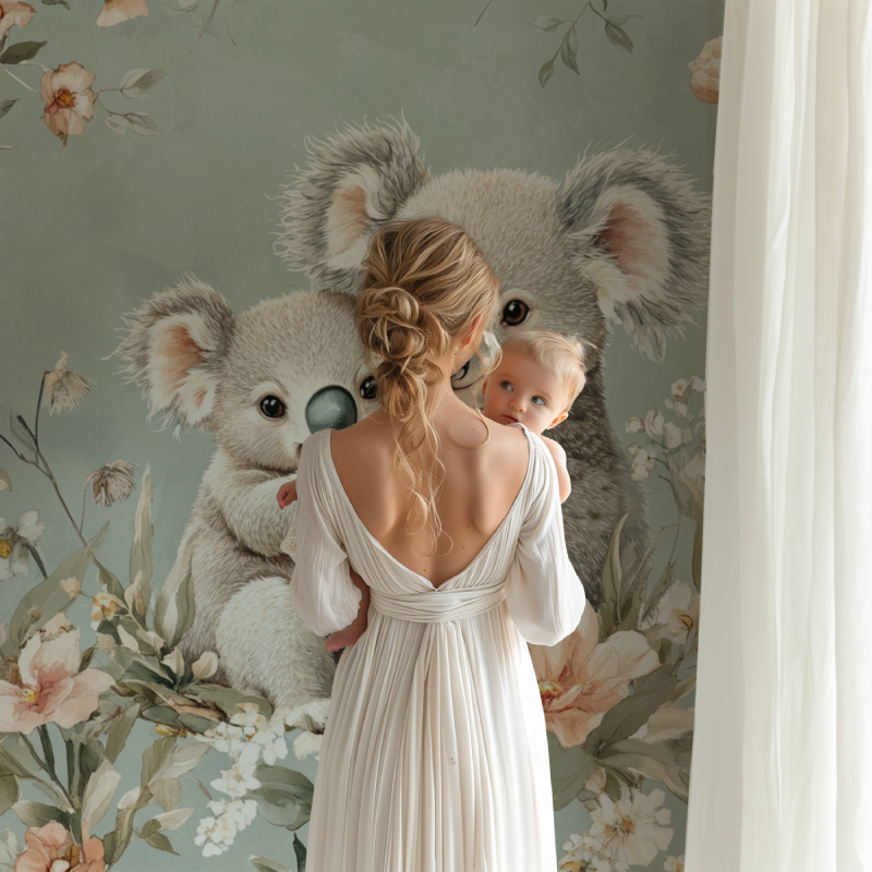 Sweet koala mural wallpaper creating a reading nook in a children's bedroom