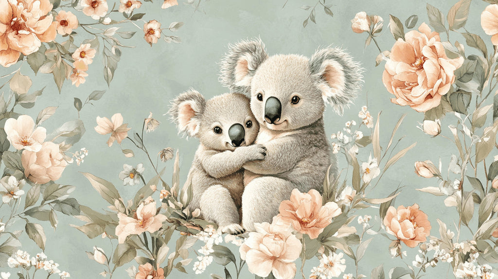 Design file of cuddling koalas with pastel flowers and sage green background