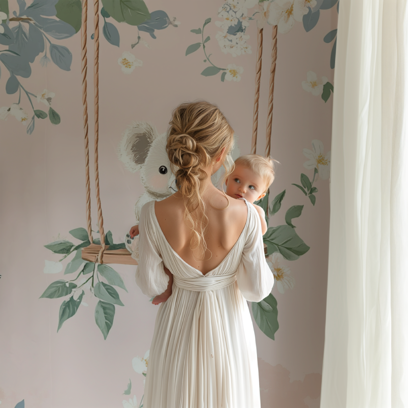 Nursery featuring koala wallpaper design with rocking chair and mobile