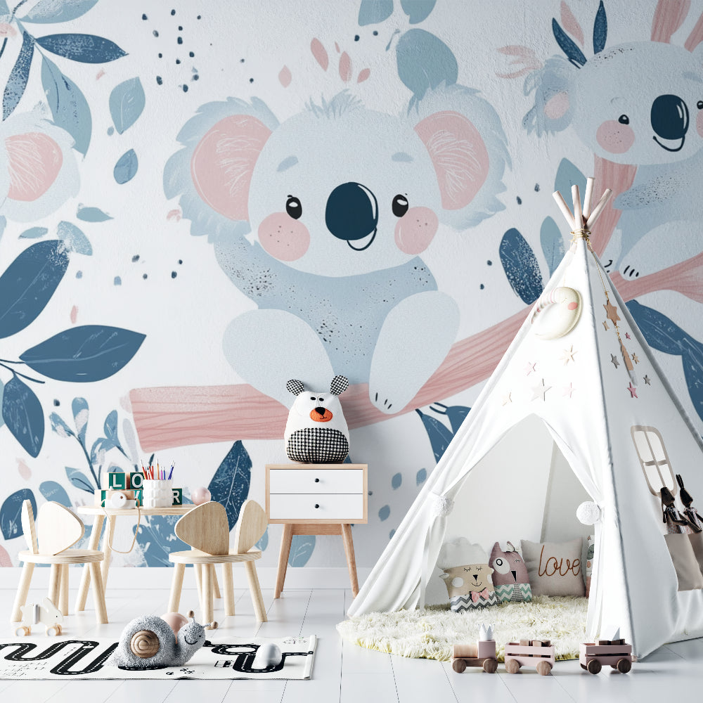 Woodland nursery wallpaper featuring koalas in a minimalist nursery with white crib