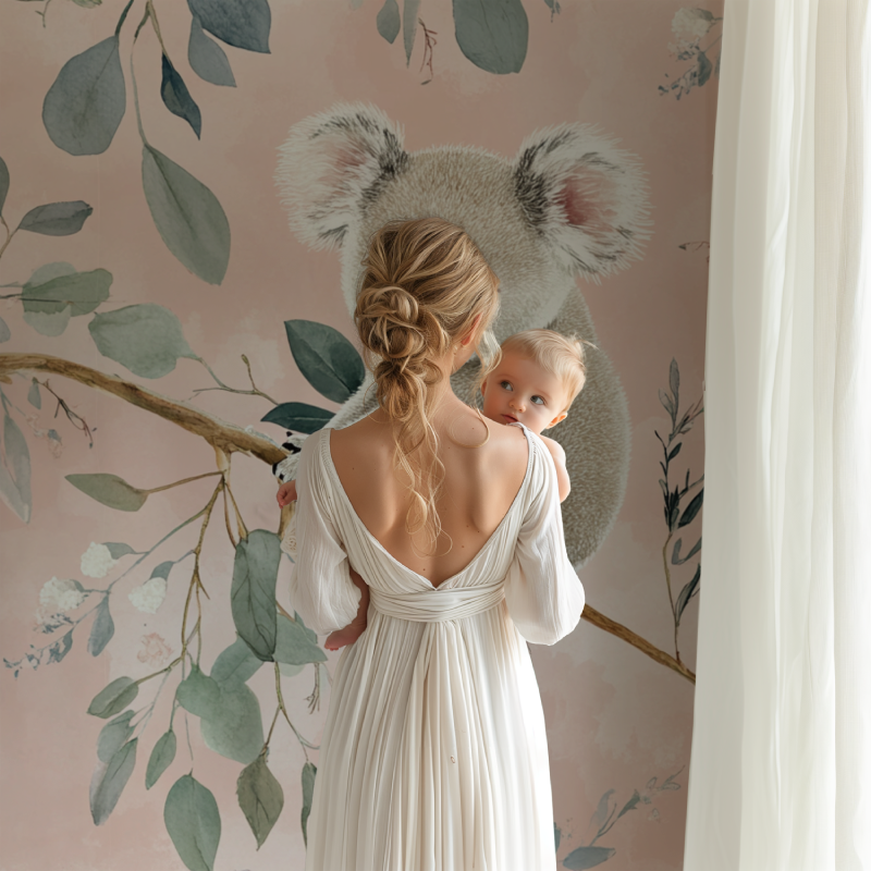 Pink eucalyptus koala mural adding charm to a girl's bedroom