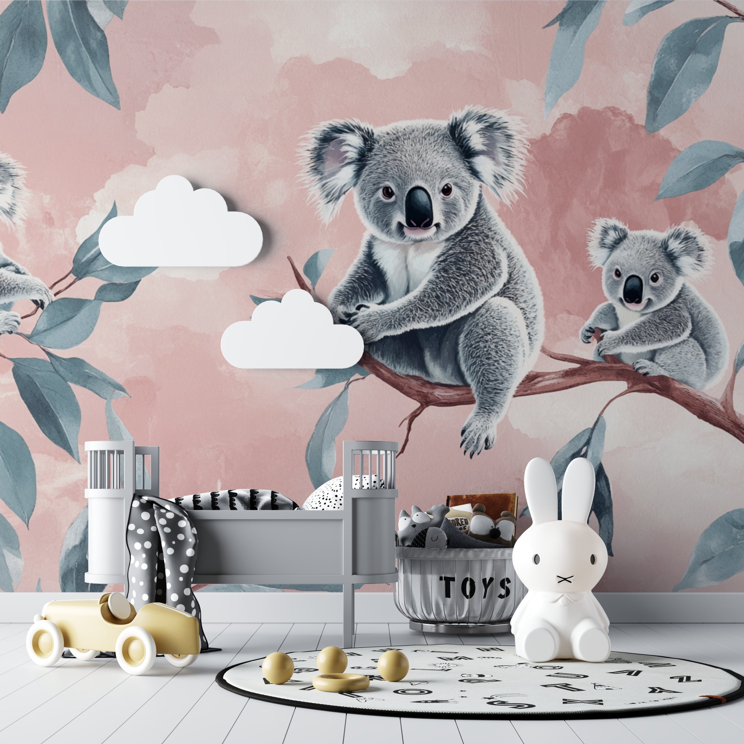 Australian koala wallpaper in a girl's bedroom with natural decor elements