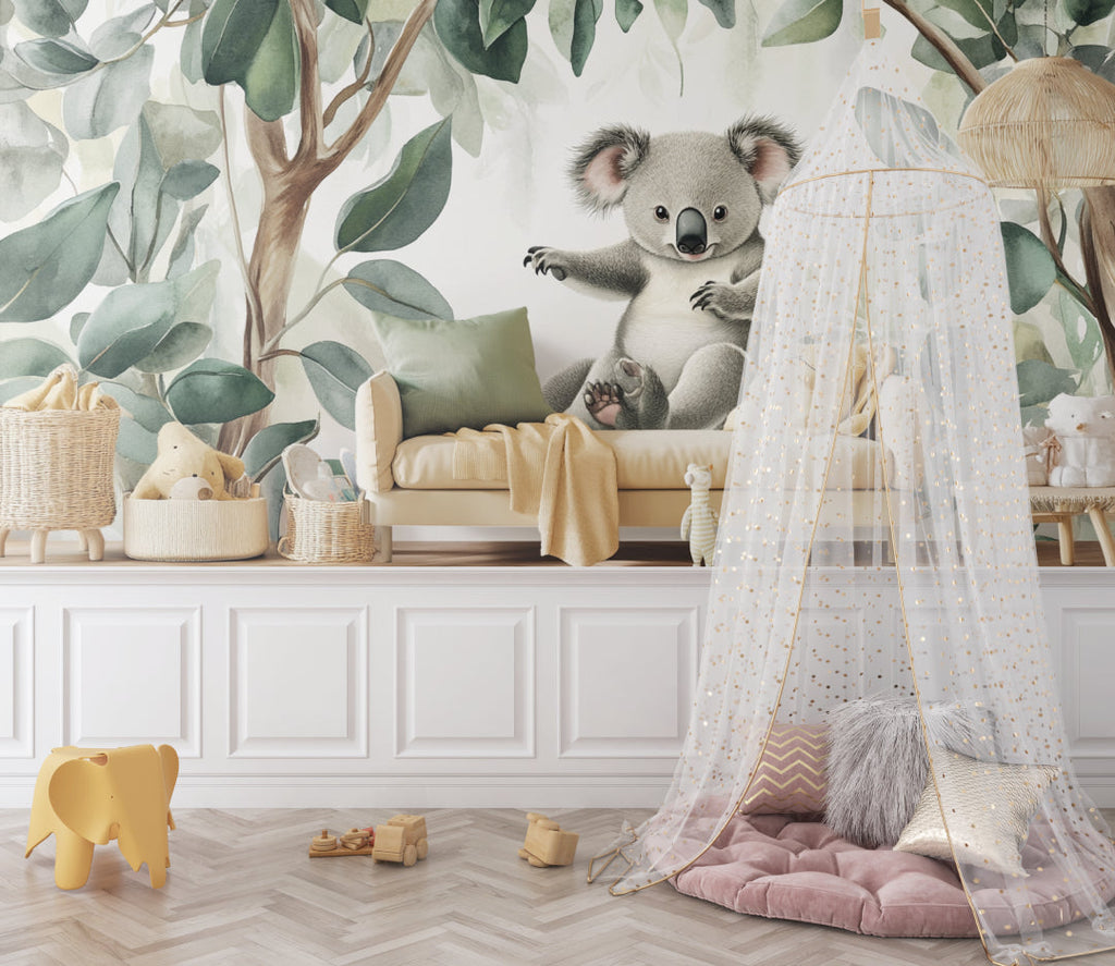 Koala nursery wallpaper in pastel-themed kids room