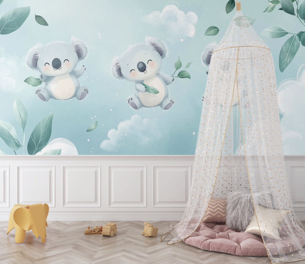 Koala baby wallpaper creating a cozy reading nook in a children's room