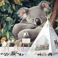Koala wallpaper creating a peaceful atmosphere in a modern nursery with soft lighting