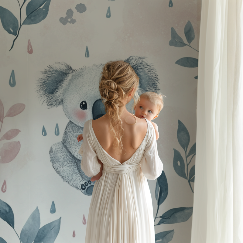 Sweet koala wallpaper design showcased in a minimal Scandinavian style nursery