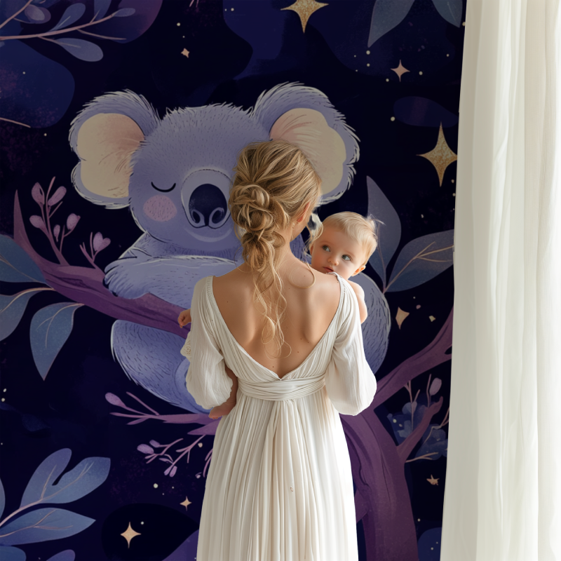 Nursery room with koala wallpaper showing scale and full wall application
