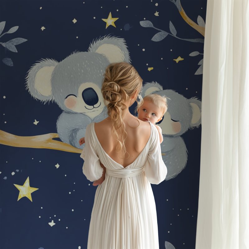 Koala nursery wallpaper creating a peaceful atmosphere in a modern white nursery with wooden furniture