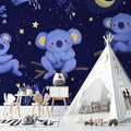 Koala nursery wallpaper creating a magical atmosphere in a modern baby room with soft lighting