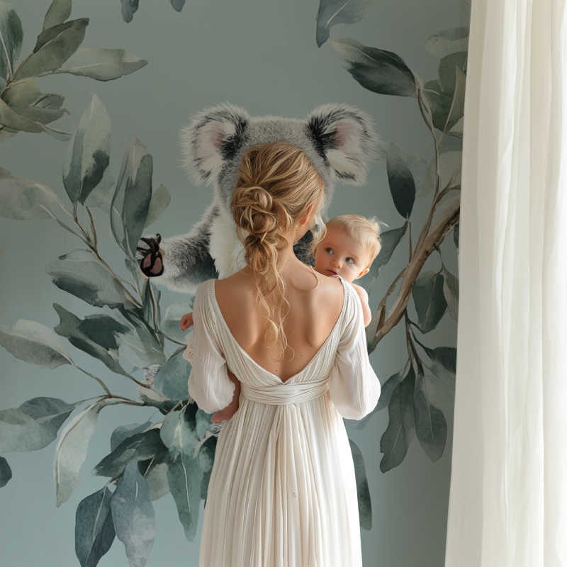 Eucalyptus koala wallpaper bringing nature theme to modern nursery space