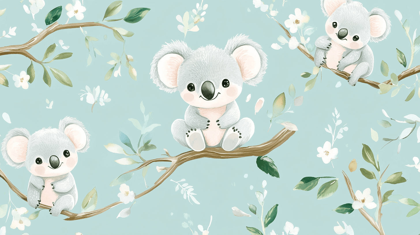 Design file of koala wallpaper pattern with mint green background and white blossoms