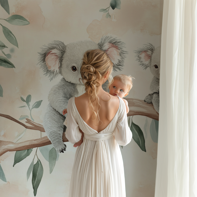 Watercolor koala wall mural brightening a child's reading nook with soft natural light