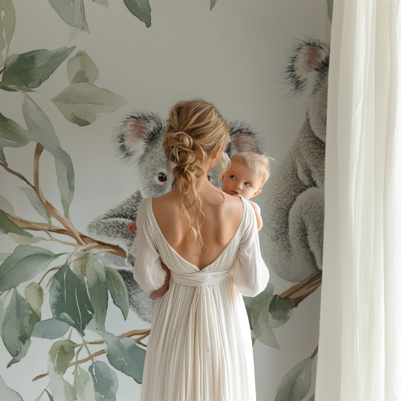 Australian wildlife wallpaper featuring koalas in a peaceful children's reading nook