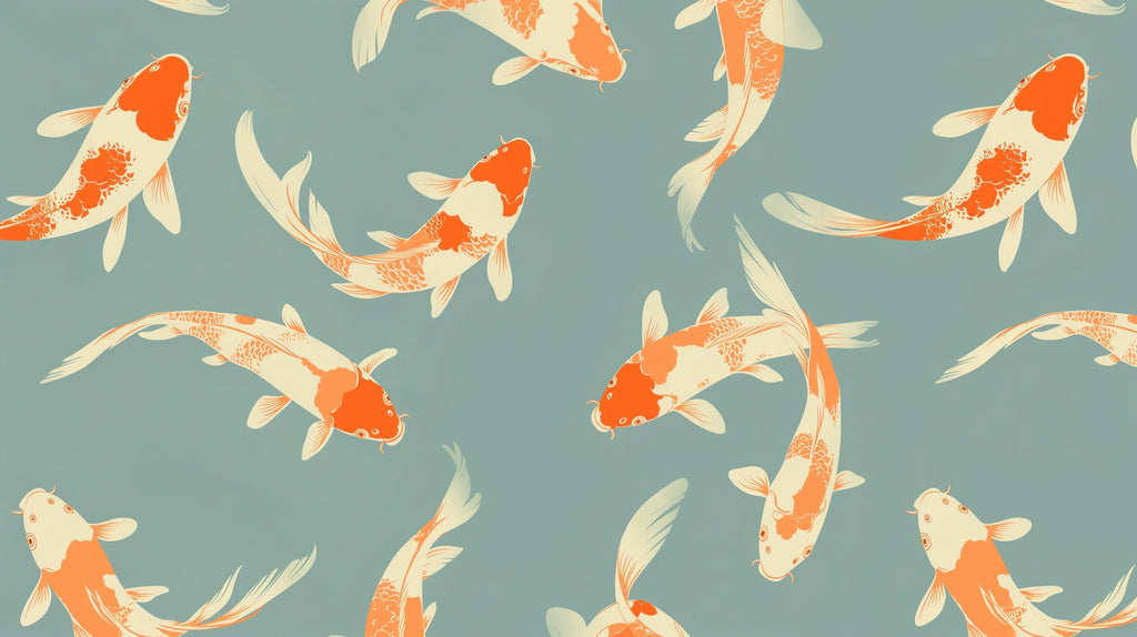 Japanese koi mural bringing calm to a sleek dining room with wooden elements