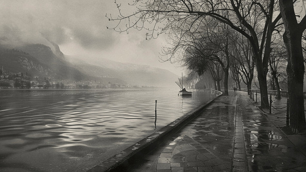 Design file showing detailed monochrome mountain and lake pattern with misty atmosphere