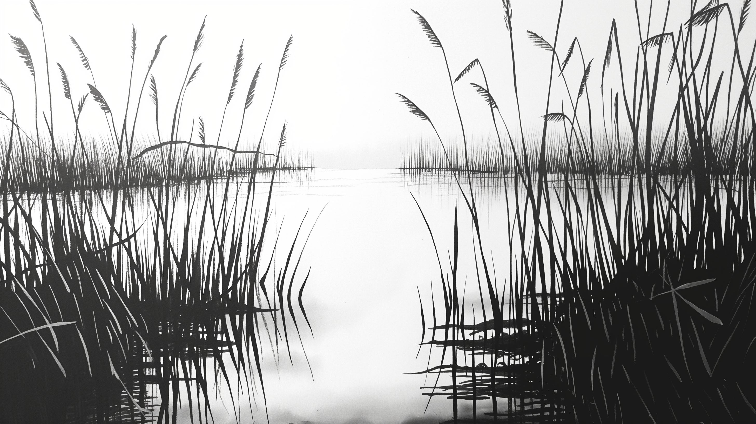 Black and white lake wallpaper creating a peaceful atmosphere in a modern living room with minimalist furniture