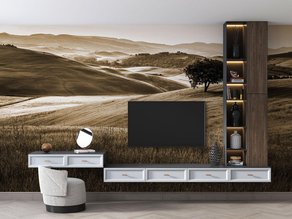 Nature wall mural featuring rolling hills in elegant dining space