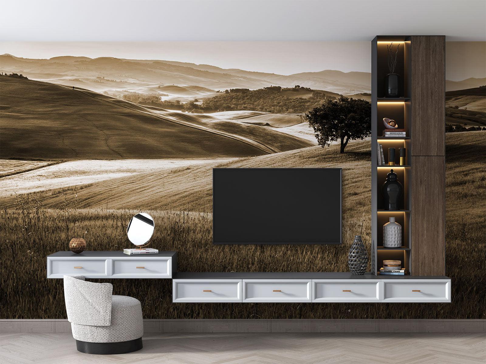Nature wall mural featuring rolling hills in elegant dining space