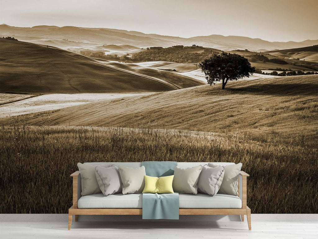 Sepia landscape mural adding character to minimalist bedroom wall