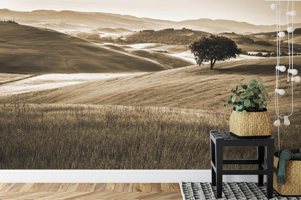 Tuscan hills wallpaper creating focal point in home office