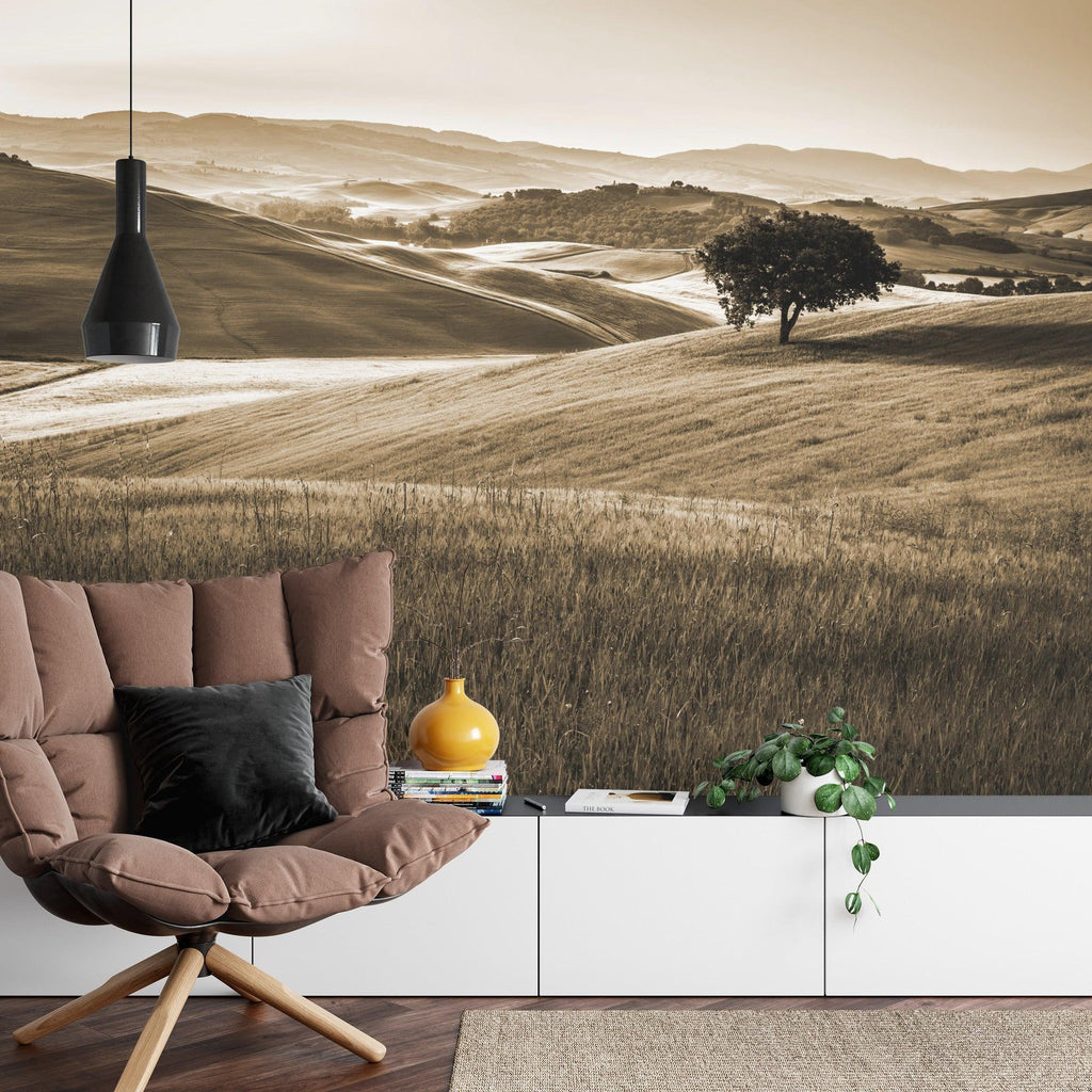 Landscape wall mural bringing nature indoors in contemporary hallway
